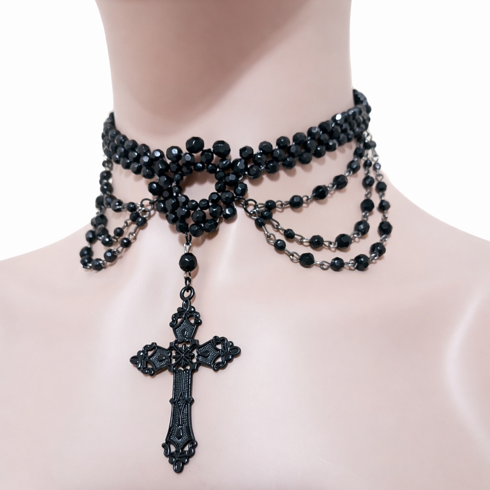 Black Beaded Gothic Cross Choker Necklace